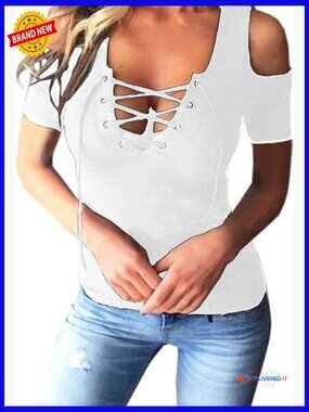 Cold Shoulder Lace Up V Neck Short Sleeve Tee Tops Clubwear Plus Size